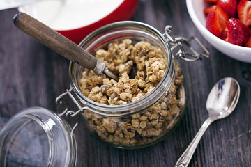 Delicious cereal on the old wooden table