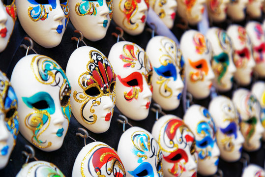 Venetian full-face masks for Carnival in shop. Venice, Italy