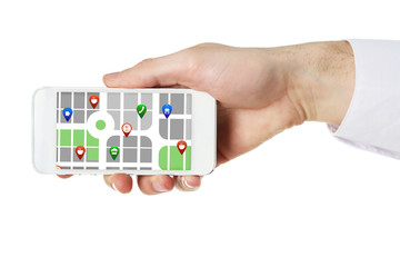 Male hand holding smart phone with map gps navigation application isolated on white