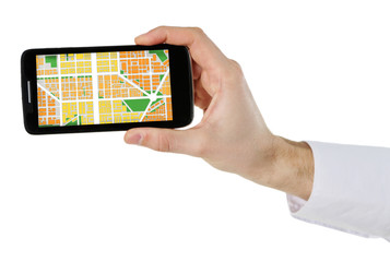 Male hand holding smart phone with map gps navigation application isolated on white