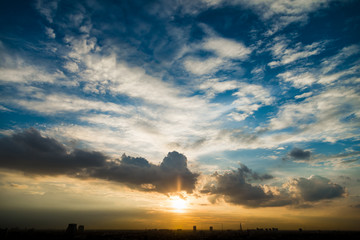 Sunset golden sunlight blue orange and yellow tone dusk sky with