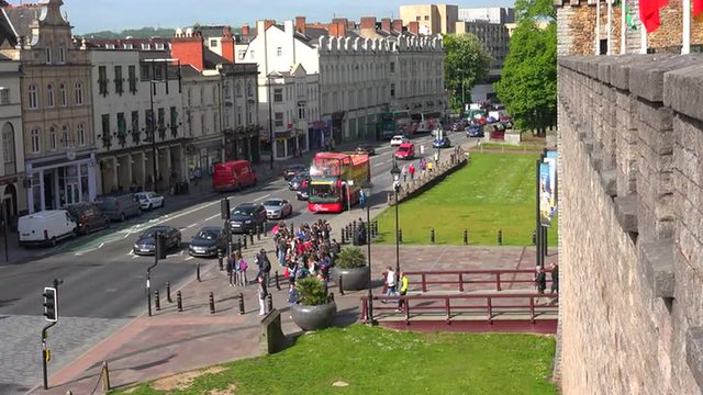 A main street through Cardiff, Wales as seen from Cardiff castle.