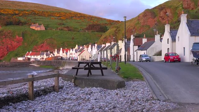 The small Scottish fishing village of Pennan at sunset.