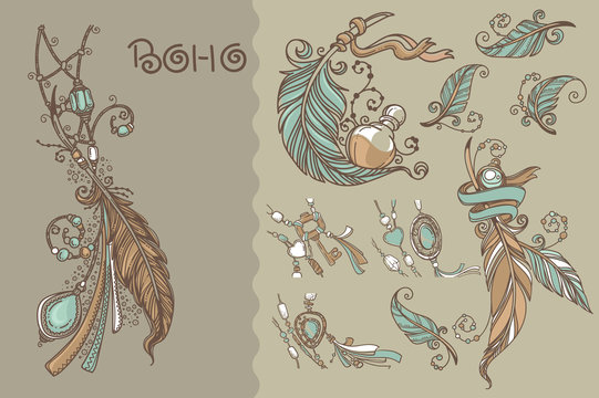 Boho chic, collection of vector hand drawn elements