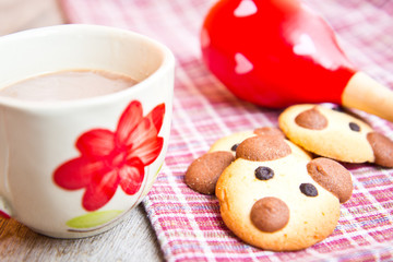 Hot chocolate with teddy bear cookies breakfast for children