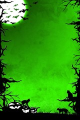 Halloween night green vertical background with trees, bats, cats and pumpkins