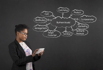 African woman with tablet with a business model diagram  on blackboard background