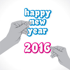 happy new year 2016 sticker hold in hand design vector