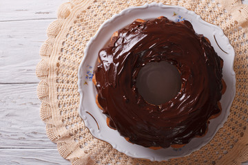 fancy bread cake with chocolate icing. horizontal top view
