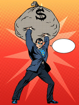 Super businessman hero with a bag of money financial success