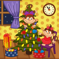 monkey decorating Christmas tree - vector illustration, eps