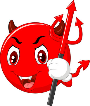 Cartoon red devil emoticon holding trident isolated on white background