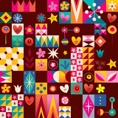 hearts, stars and flowers retro art pattern