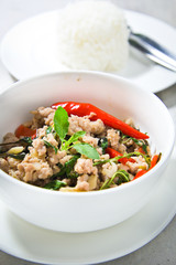 spicy pork with hot basil on stream jasmine rice