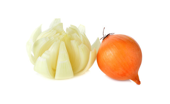 whole and carving Onion on white background