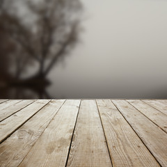 Wooden perspective floor with planks on blurred natural autumn background, can use for display or montage your products template. Copy space