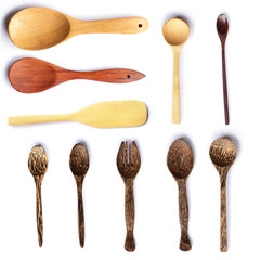 Set wooden spoon isolated on white background.