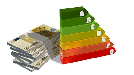 
Energy efficiency rating scale and stack of 200 euro bills