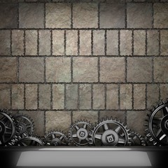 stone wall background with metal gears