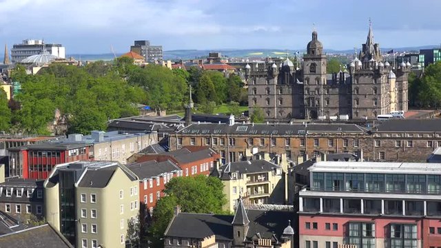 An establishing shot of the Edinburgh, Scotland skyline. 