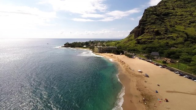 Aerial view of Makaha Beach on the west coast of Oahu, Hawaii on a sunny day