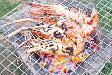 delicious prawn on grill with flames in background