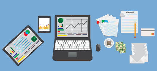 Mockup business table with elements office supplies