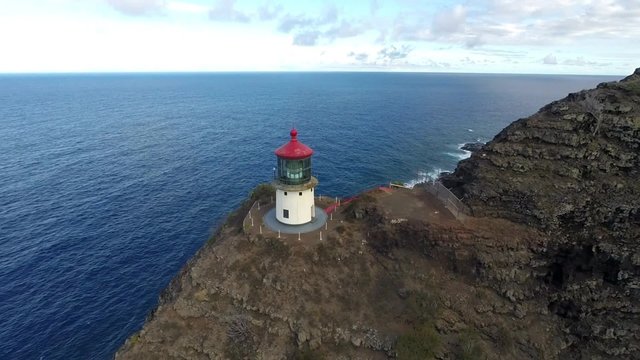 Aerial view of part of Makapuu Lighthouse on south east shore of Oahu, Hawaii at sunset