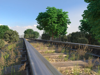 Railway track crossing rural landscape. Travel concept 