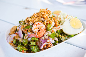 Thai Spicy salad with shrimp and vegetables