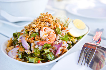 Thai Spicy salad with shrimp and vegetables