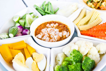 Thai cuisine nam prik or chili paste mixes with shrimp serves wi