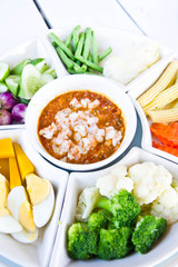 Thai cuisine nam prik or chili paste mixes with shrimp serves wi