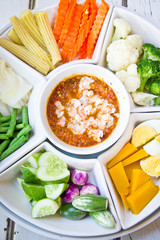 Thai cuisine nam prik or chili paste mixes with shrimp serves wi