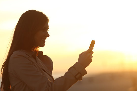 Woman Silhouette Using A Smart Phone At Sunset