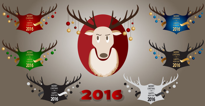 Christmas banner with horns, Christmas balls and deer.