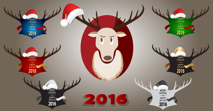 Christmas banner with antlers hat Santa Claus and reindeer.