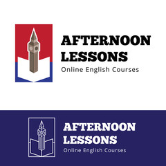Vector english courses logo concept with big ben and open book. 