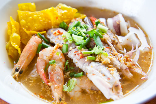Fresh mantis shrimp and seafood with Tom Yum noodle, Bangkok Tha