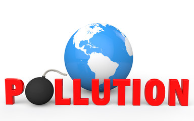 3d earth globe with north and south America in view and pollution text with bomb 