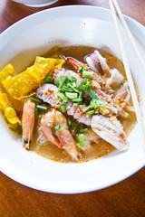 Fresh mantis shrimp and seafood with Tom Yum noodle, Bangkok Tha