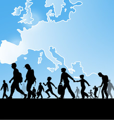  immigration people on europe map background - obrazy, fototapety, plakaty