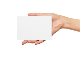 Fototapeta premium Woman holding blank business card in hand. 