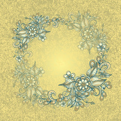 Border frame with doodle flowers and grunge effect  in beige  marine blue