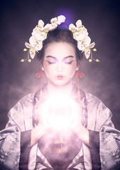 Surreal Fine Art Portrait of Young Asian Woman Holding Bright Li - 91632974