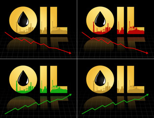 Set of crude oil price fall down and increase, abstract illustration with refinery plant barrel and graph diagram
