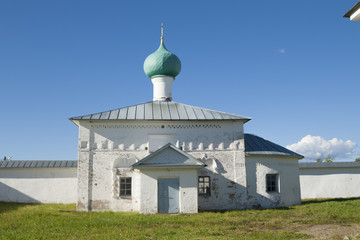 Small Russian Orthodox church and the wall of monastery