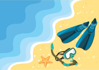 Vector sea beach with flippers and swimming goggles