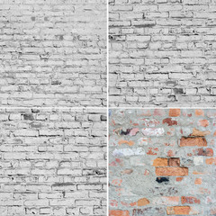 Four image of brick wall texture. Bricks painted white and old.