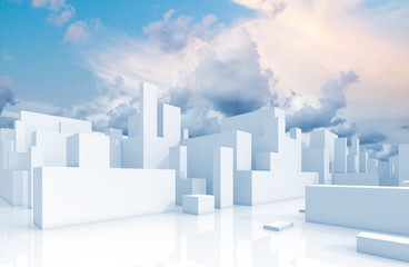 Abstract white schematic 3d cityscape and sky